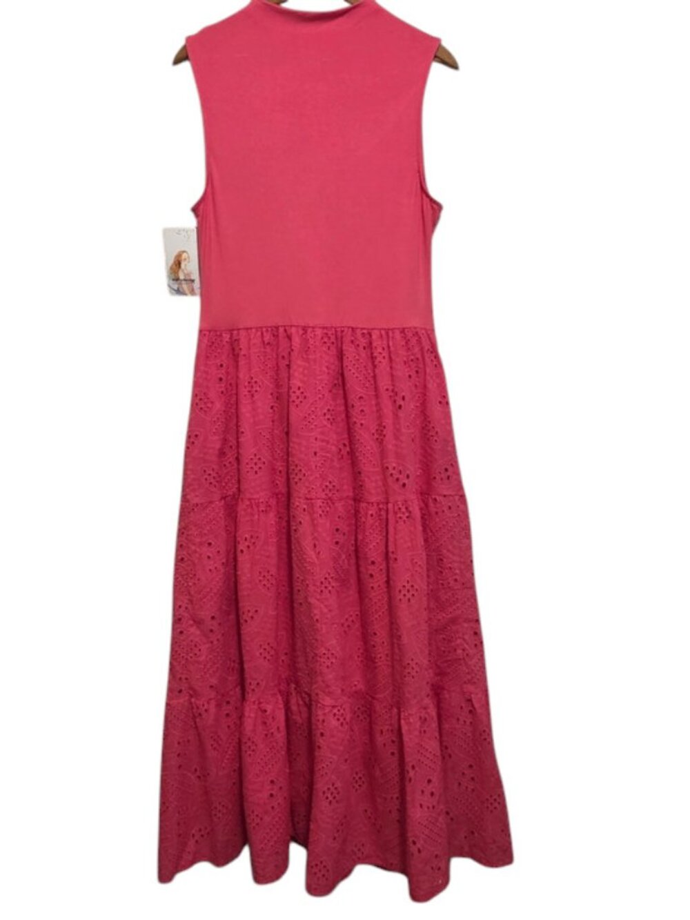 NWT Pretty Garden Hot Pink Eyelet Tiered Dress Ruched Tank Sleeveless Maxi Large - Picture 4 of 13